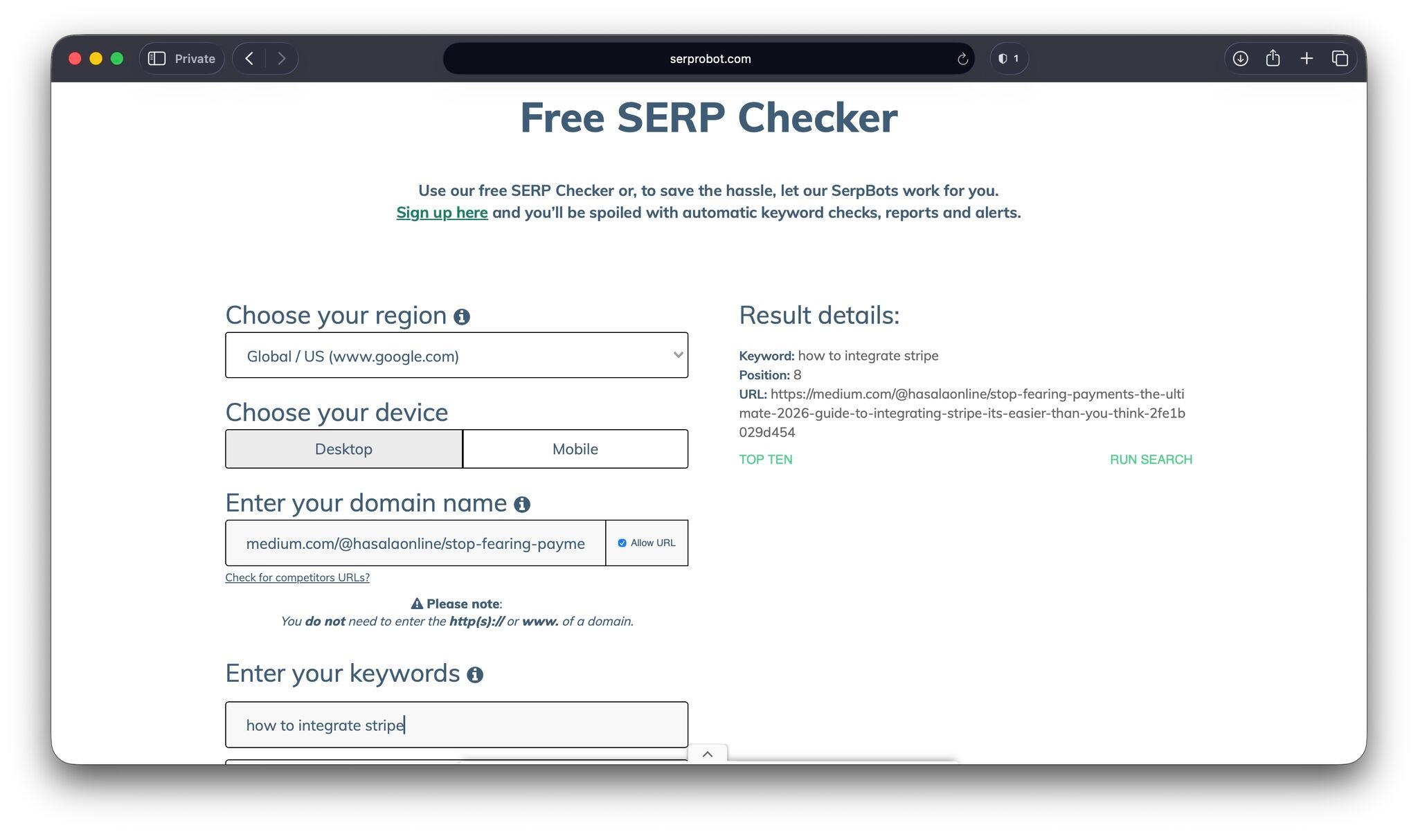 Global Google Search Ranking for Stripe Integration